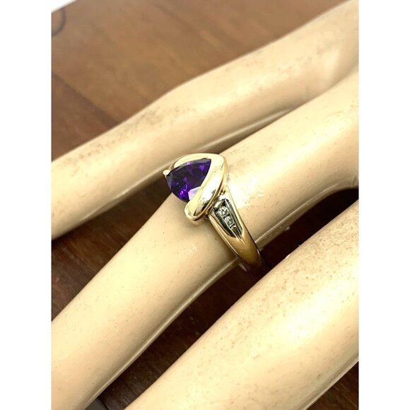 Amethyst Diamond Cocktail Ring Trillion Cut 14k Yellow Gold Estate Women… - Picture 12 of 14